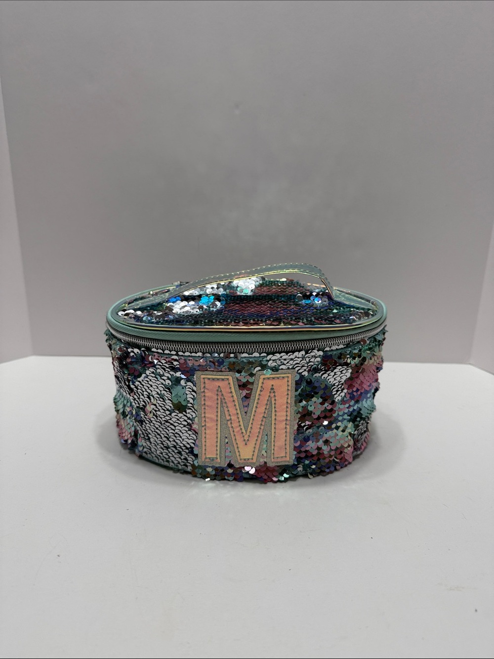 Justice Iridescent Multicolor Sequin Cosmetic Case with 'M' Patch